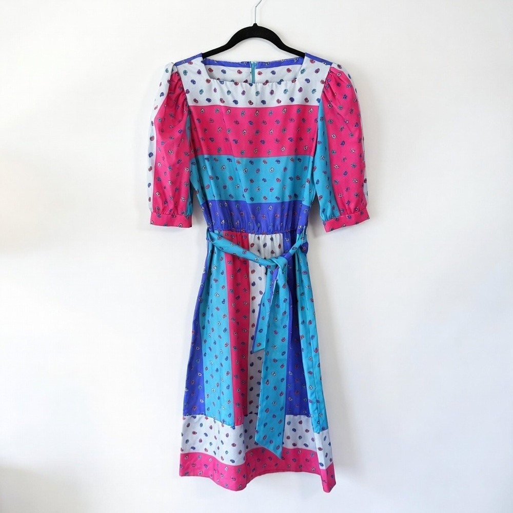 Vintage 80s Color Block Stripe Paisley Midi Dress Puffy Sleeve Belted Pink Blue